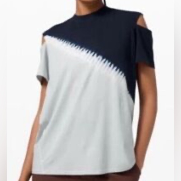 Lululemon Cold Shoulder Tee Sz 6 | Navy & Gray Colorblock Pima Cotton Top | Rare - Picture 1 of 12